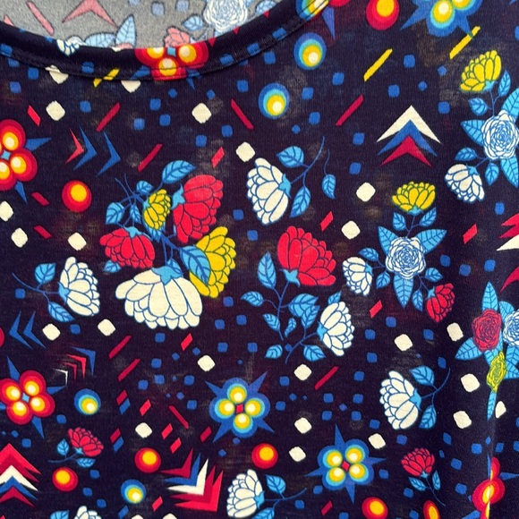 LuLaRoe Floral Blue SS Midi Dress Geometric Designs Triangles Circles Flowers XL - Picture 4 of 12